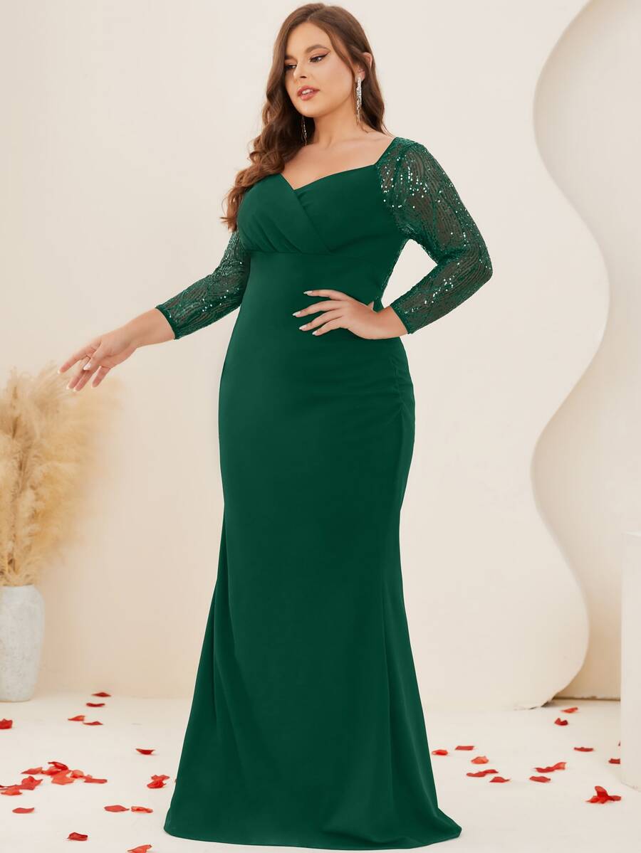 大碼網紗拼接雞心領口魚尾裙下擺正式連衣裙 - 墨綠色 - 查看 1