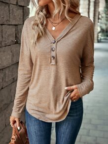 SHEIN LUNE Camiseta de hombros caídos bajo curvo - Marrón Mocha - Ver 1