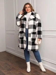 SHEIN LUNE Abrigo teddy con estampado de cuadros de hombros caídos - Blanco y Negro - Ver 4