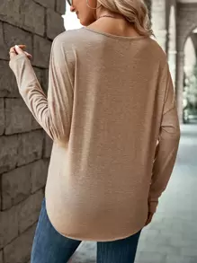 SHEIN LUNE Camiseta de hombros caídos bajo curvo - Marrón Mocha - Ver 2