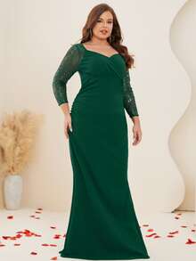 大碼網紗拼接雞心領口魚尾裙下擺正式連衣裙 - 墨綠色 - 查看 3