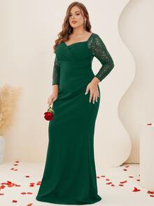 大碼網紗拼接雞心領口魚尾裙下擺正式連衣裙 - 墨綠色 - 查看 4