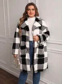 SHEIN LUNE Abrigo teddy con estampado de cuadros de hombros caídos - Blanco y Negro - Ver 5