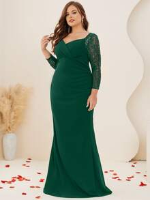 大碼網紗拼接雞心領口魚尾裙下擺正式連衣裙 - 墨綠色 - 查看 6