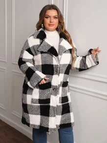 SHEIN LUNE Abrigo teddy con estampado de cuadros de hombros caídos - Blanco y Negro - Ver 6