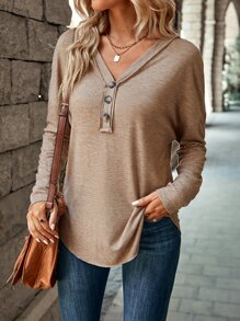 SHEIN LUNE Camiseta de hombros caídos bajo curvo - Marrón Mocha - Ver 6