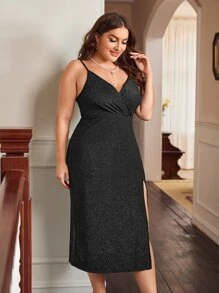 SHEIN Belle Plus Split Thigh Glitter Cami Dress - Black - View 5