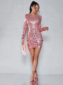 SHEIN BAE 亮片緊身連衣裙 - 淺粉色 - 查看 4