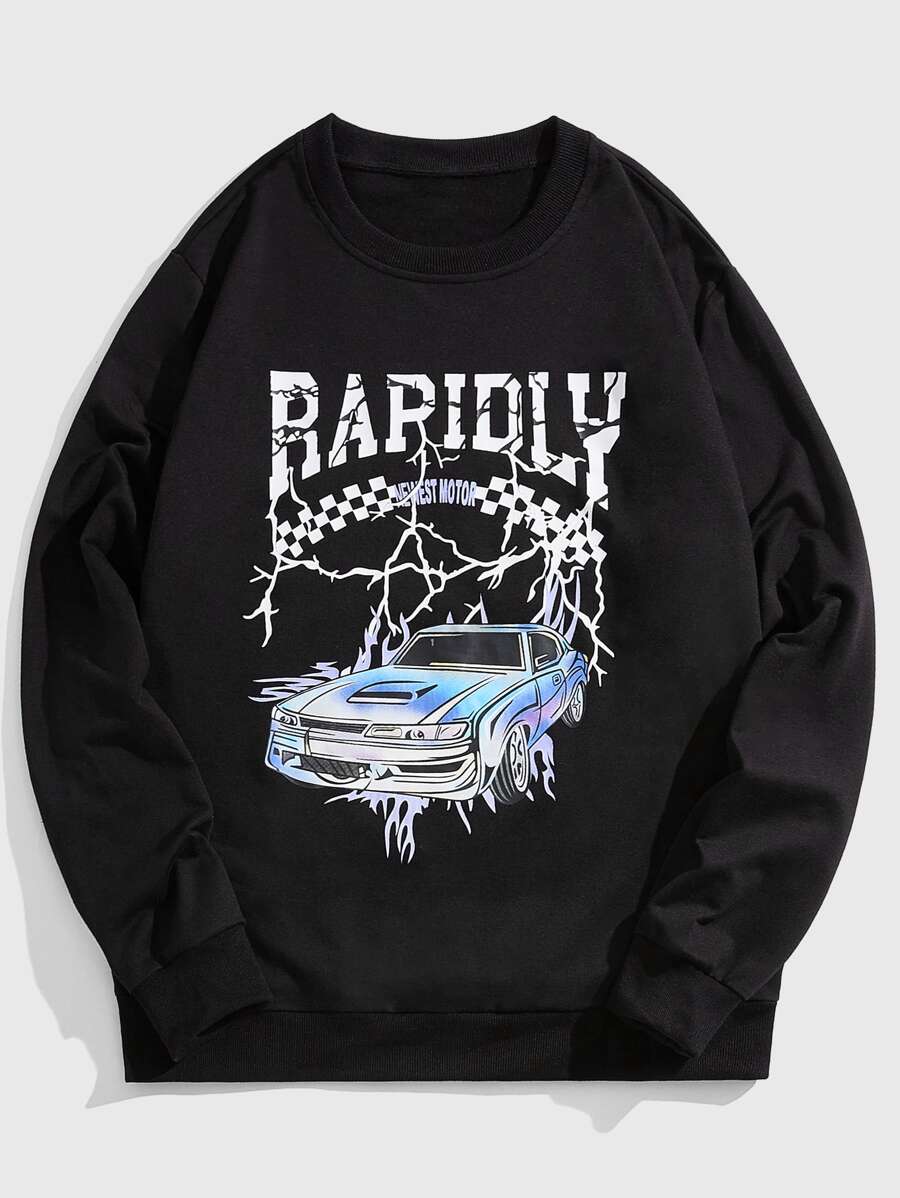 ROMWE MEN Guys Letter & Car Print Pullover - Black - View 1