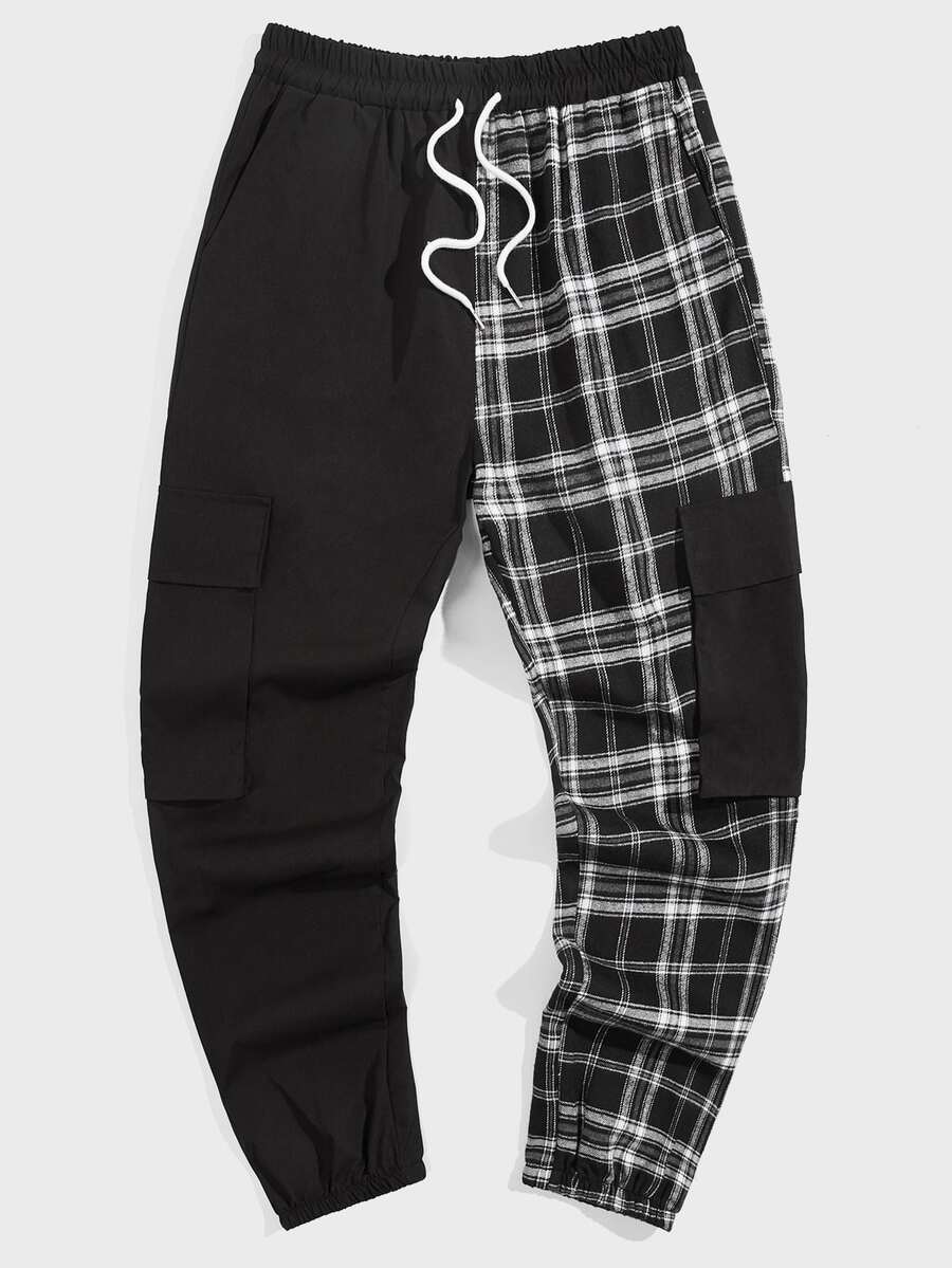 ROMWE MEN Hombres Pantalones de cuadros con bolsillo con solapa de cintura con cordón - Negro - Ver 1