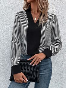 SHEIN Clasi Striped Print Blouse - Black - View 3