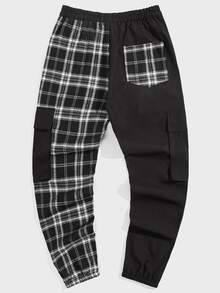 ROMWE MEN Hombres Pantalones de cuadros con bolsillo con solapa de cintura con cordón - Negro - Ver 2