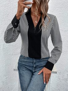SHEIN Clasi Striped Print Blouse - Black - View 5