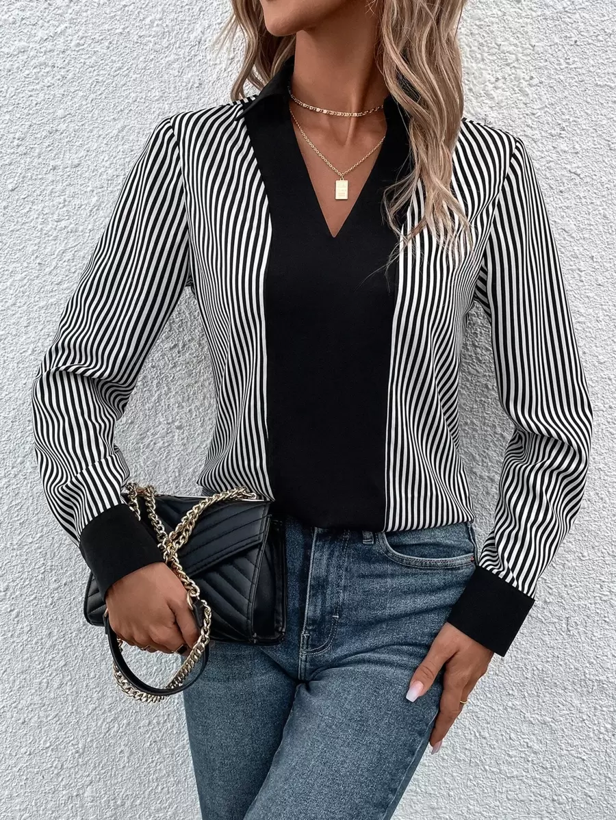 SHEIN Clasi Striped Print Blouse - Black - View 1