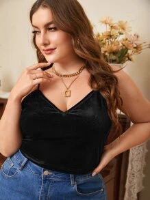 SHEIN Privé Plus Contrast Butterfly Lace Back Velvet Cami Top - Black - View 3