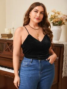 SHEIN Privé Plus Contrast Butterfly Lace Back Velvet Cami Top - Black - View 5