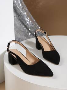 Fall/Winter Minimalist Point Toe Chunky Heeled Slingback Faux Suede Pumps, Elegant - Black - View 3