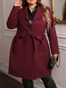 EMERY ROSE Plus Pocket Front Belted Overcoat - Burgundy - View 3