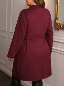 EMERY ROSE Plus Pocket Front Belted Overcoat - Burgundy - View 2