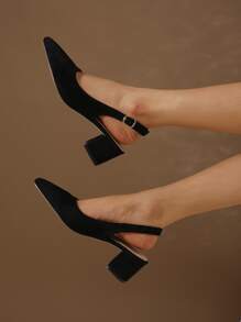Fall/Winter Minimalist Point Toe Chunky Heeled Slingback Faux Suede Pumps, Elegant - Black - View 5