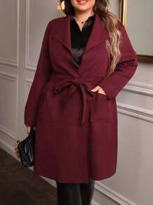 EMERY ROSE Plus Pocket Front Belted Overcoat - Burgundy - View 1