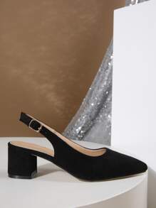 Fall/Winter Minimalist Point Toe Chunky Heeled Slingback Faux Suede Pumps, Elegant - Black - View 6