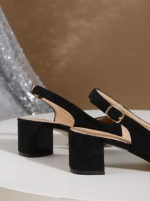 Fall/Winter Minimalist Point Toe Chunky Heeled Slingback Faux Suede Pumps, Elegant - Black - View 7