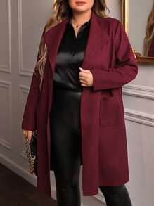EMERY ROSE Plus Pocket Front Belted Overcoat - Burgundy - View 4