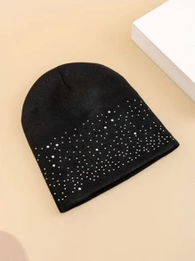 1pc Dual-Sided Rhinestone Decor, Simple & Fashionable, Sparkling Women's Beanie Winter Fall - Black - View 3