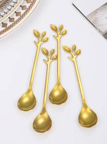 4 piezas Cuchara con diseño de hoja de acero inoxidable - Dorado - Ver 1