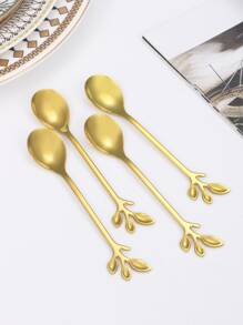 4 piezas Cuchara con diseño de hoja de acero inoxidable - Dorado - Ver 3