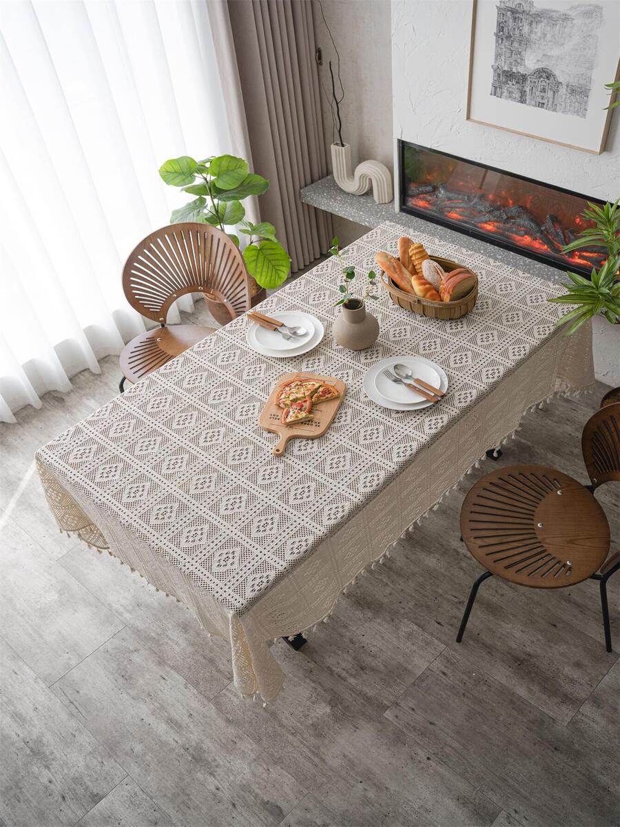 幾何樣式流蘇邊桌布 - 米色 - 查看 1