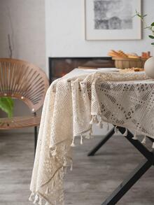 幾何樣式流蘇邊桌布 - 米色 - 查看 3