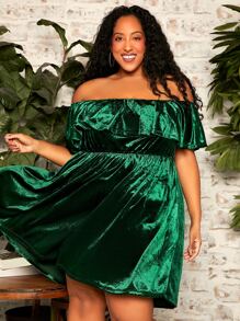 SHEIN CURVE+ Vestido de hombros descubiertos ribete con fruncido de terciopelo - Verde Oscuro - Ver 3