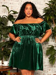 SHEIN CURVE+ Vestido de hombros descubiertos ribete con fruncido de terciopelo - Verde Oscuro - Ver 1
