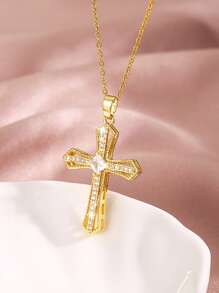 Rhinestone Cross Charm Necklace - Yellow Gold - View 1