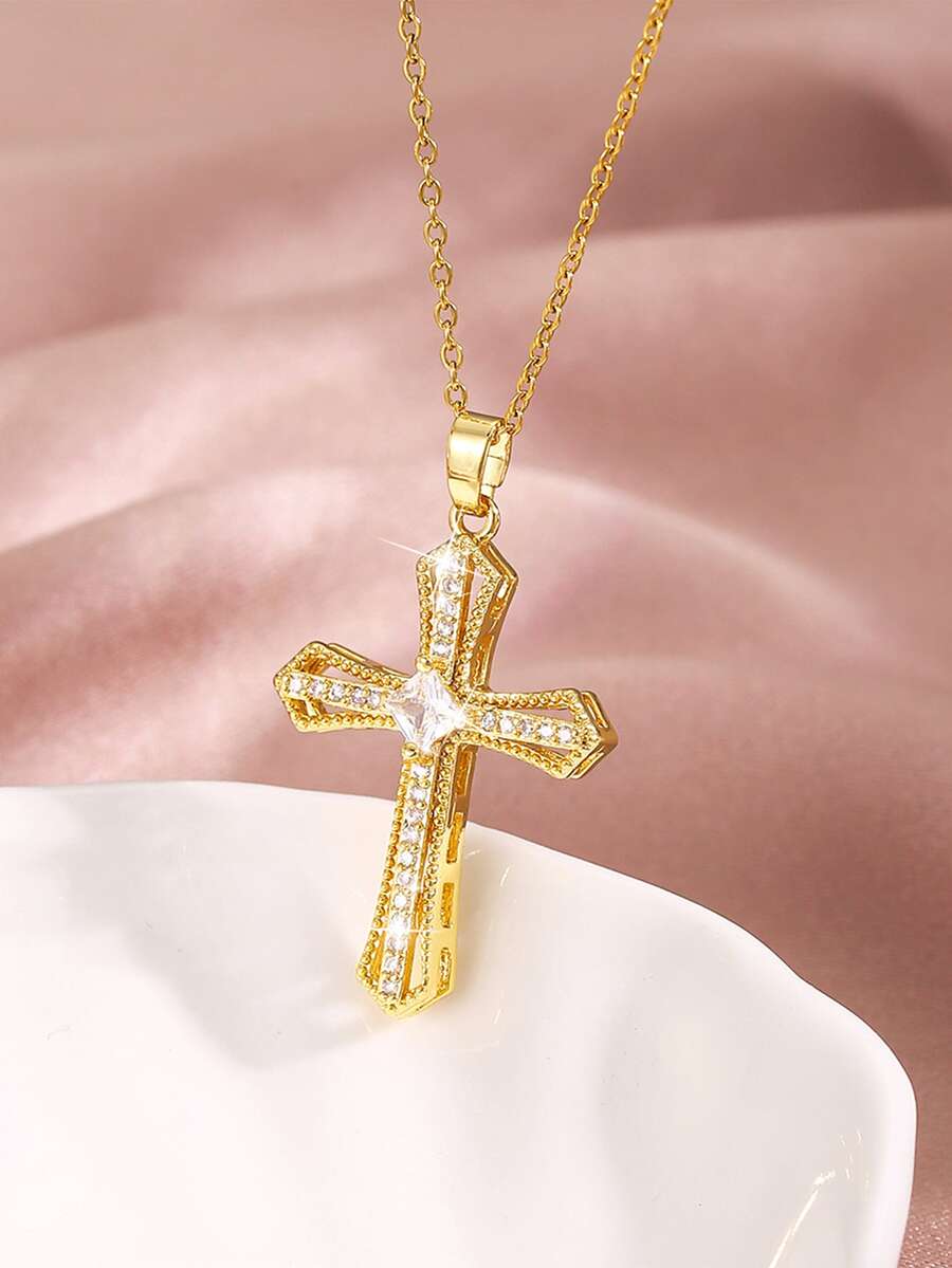 Rhinestone Cross Charm Necklace - Yellow Gold - View 1