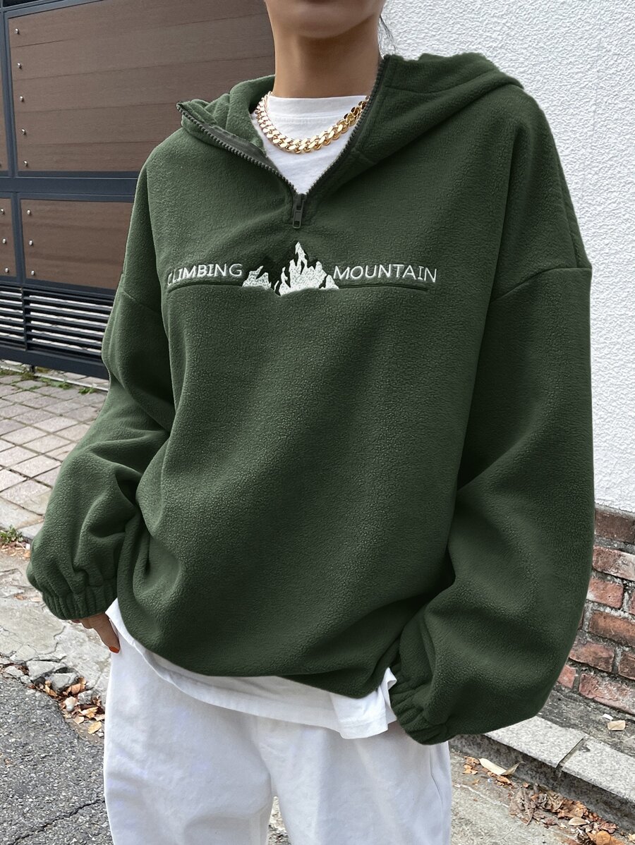 DAZY Mountain & Letter Embroidery Half Zip Drop Shoulder Fleece Hoodie,Fall Clothes Sweatshirt - Dark Green - View 1