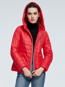 ZIAI 拉链口袋连帽夹棉大衣 - 紅色 - 查看 1