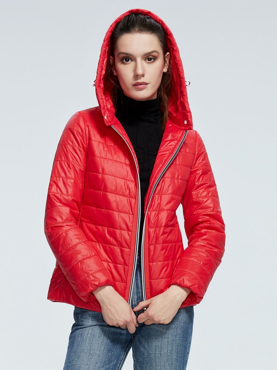 ZIAI 拉链口袋连帽夹棉大衣 - 紅色 - 查看 1