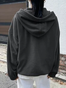 DAZY 山與字母繡花半拉鍊落肩絨毛呢連帽衫 - 深灰色 - 查看 2