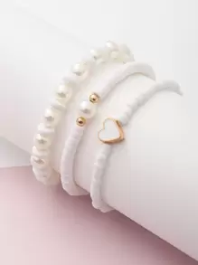 3入組女孩愛心和人造珍珠裝飾串珠手鏈