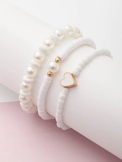 3入組女孩愛心和人造珍珠裝飾串珠手鏈