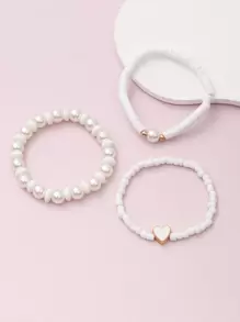 3入組女孩愛心和人造珍珠裝飾串珠手鏈