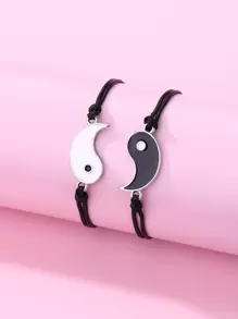 件套女孩陰陽八卦和太極鋅合金黑白油滴蠟繩編織手鍊套裝，非常適合日常佩戴和最好的朋友禮物 - 黑與白 - 查看 4