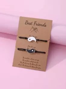 件套女孩陰陽八卦和太極鋅合金黑白油滴蠟繩編織手鍊套裝，非常適合日常佩戴和最好的朋友禮物 - 黑與白 - 查看 1