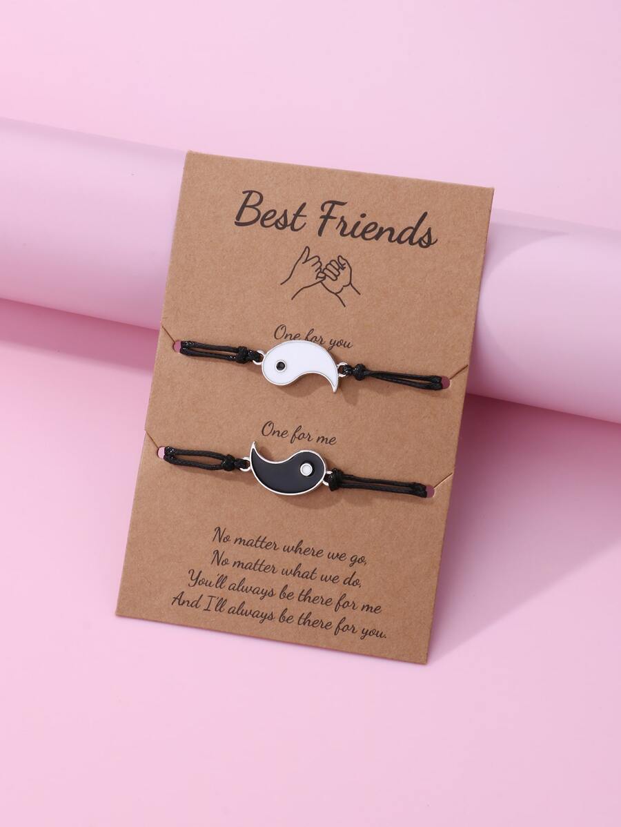 件套女孩陰陽八卦和太極鋅合金黑白油滴蠟繩編織手鍊套裝，非常適合日常佩戴和最好的朋友禮物 - 黑與白 - 查看 1