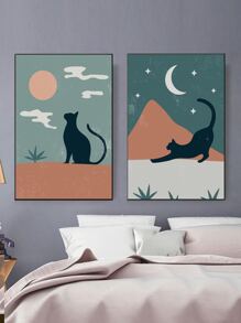 2pcs Cat & Moon Pattern Unframed Painting - Multicolor - View 1