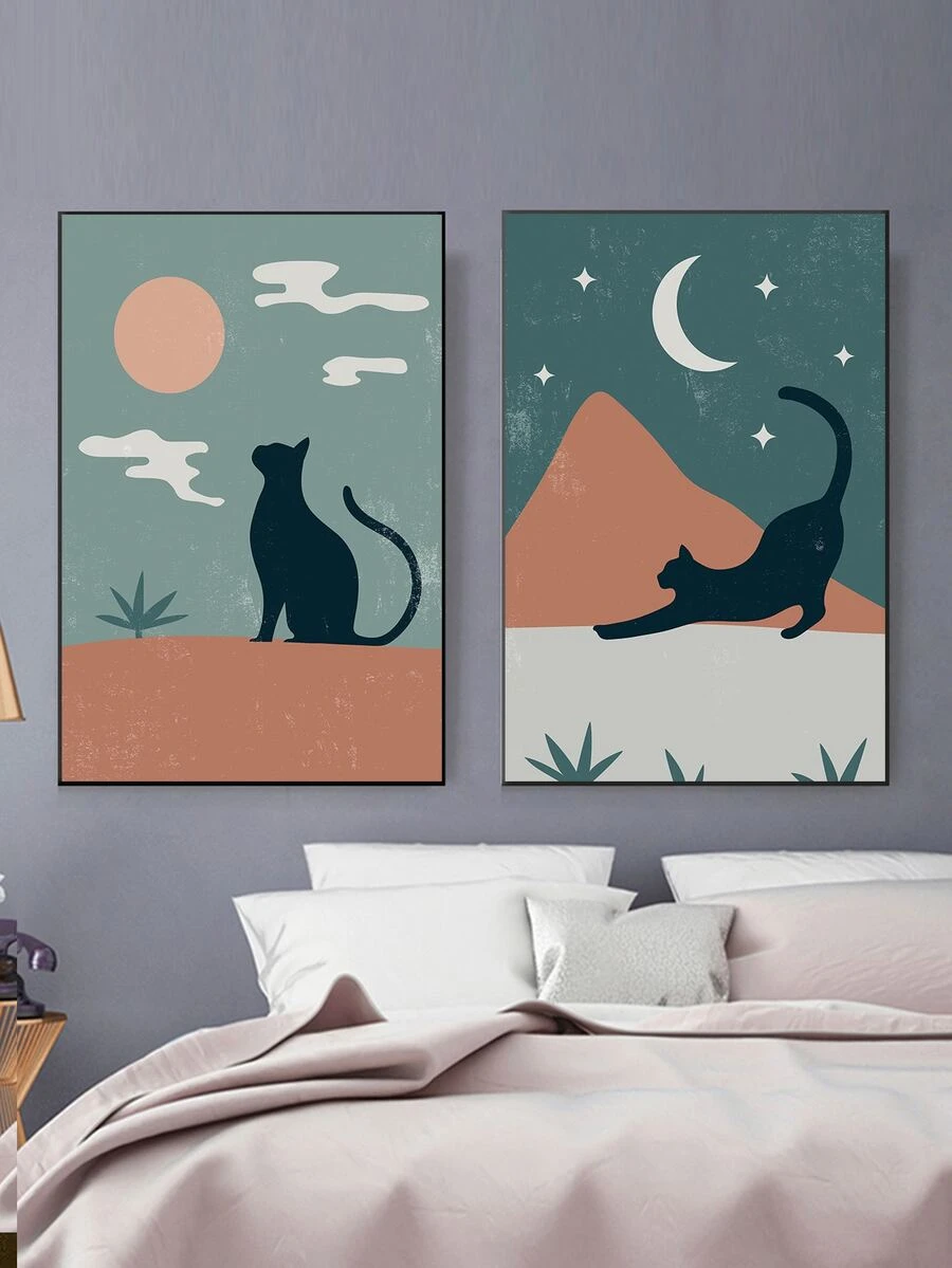 2pcs Cat & Moon Pattern Unframed Painting - Multicolor - View 1