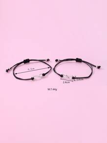 2 Piezas/set Pulsera De Aleación De Zinc Con Forma De Número 8 Para Niñas Y Tejido Con Cordón De Cera Negra, Apta Para Uso Diario - Negro - Ver 3